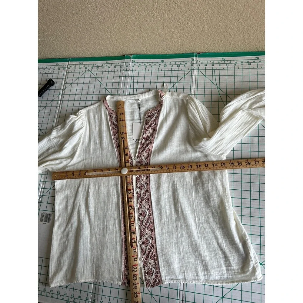 Zara Embroidered Cotton Linen Shirt Fiosa tan Boho Large Gauze Pirate Princess